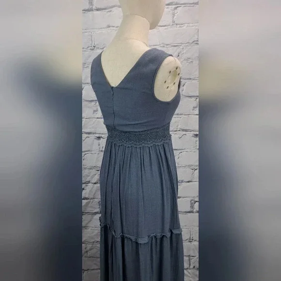 Rebellion Again Ruffled Boho Lace Maxi Dress V-Neck Dark Blue Rayon Y2K Size  XS - Picture 9 of 16